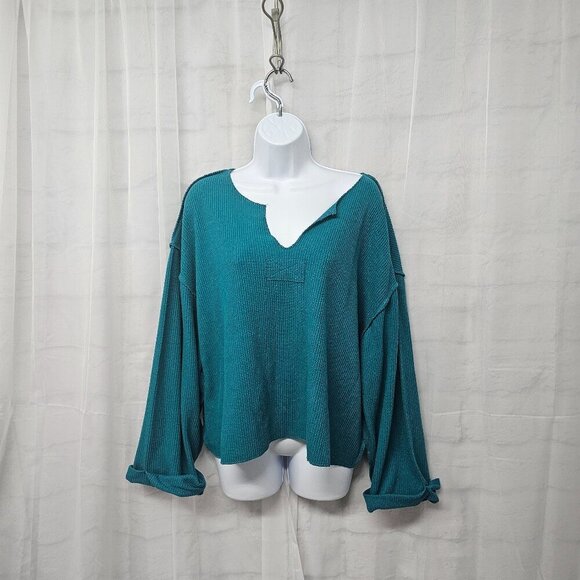 Double Zero Turquoise Thermal Peasant Blouse Boho L - Picture 1 of 9
